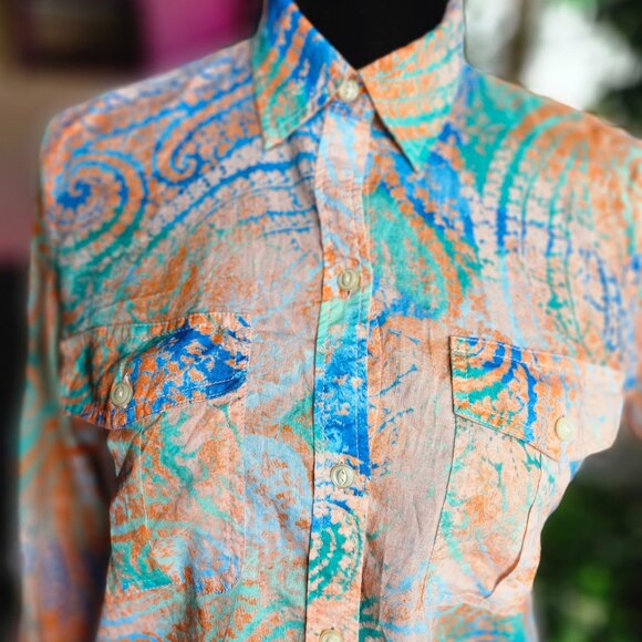 Lauren Ralph Lauren Medium Blue & Orange Abstract Button Long Sleeve Shirt - Picture 3 of 12